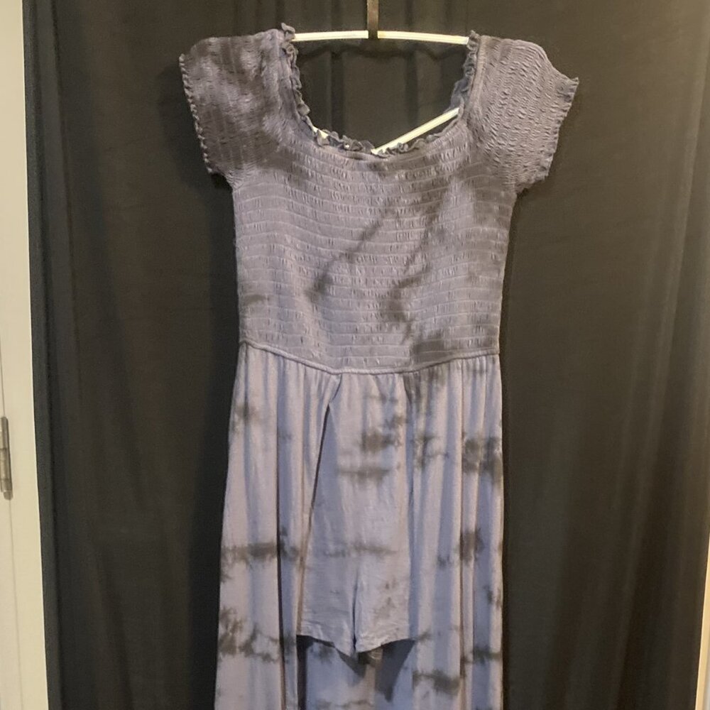 White Crow Tie-Dye Romper Maxi Overlay – Boho Off-Shoulder Jumpsuit (Size M)